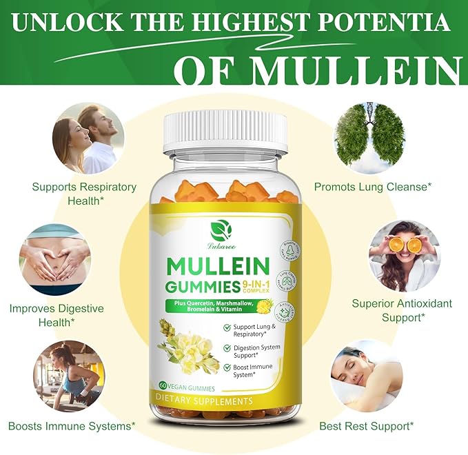 (2 Pack) 9 in 1 Mullein Gummies for Lung Cleanse, Mullein Leaf Extract w/Quercetin, Bromelain, Elderberry & Marshmallow for Respiratory, Immune, Vegan,120 Count