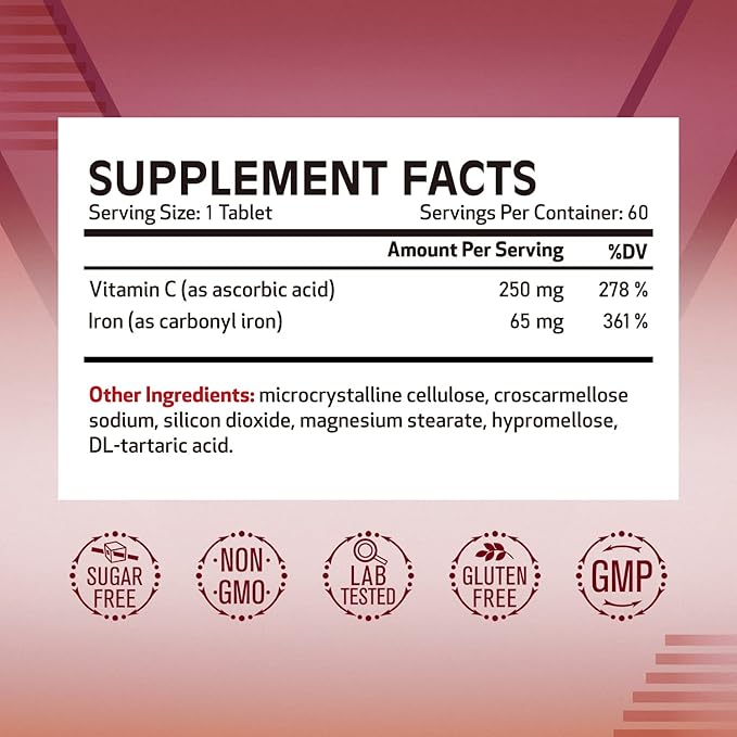 Carbonyl Iron with Vitamin C, Optimal Absorption, 65 mg Gentle Iron for Men & Women, Energy Support & New Red Blood Cell Formation, Easy on The Stomach, Vegan, Once Daily, Non-GMO, 60 Tabs