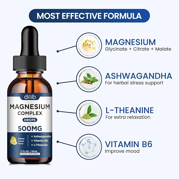 (2 Pack) Magnesium Glycinate, Citrate, Malate Liquid Drops-Triple Magnesium Complex Supplement 500mg with Ashwagandha, L-Theanine, Vitamin B6-Support Calm, Stress Relief, Sleep, Muscle-Lemon Flavor