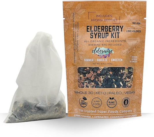 Elderwise Organic Elderberry Aronia Berry Syrup Kit - Elderberries, Aronia Berries, Rosehips, Ginger, Echinacea, Cinnamon, and Cloves, Makes 32oz of Syrup, Brewing Bag Included
