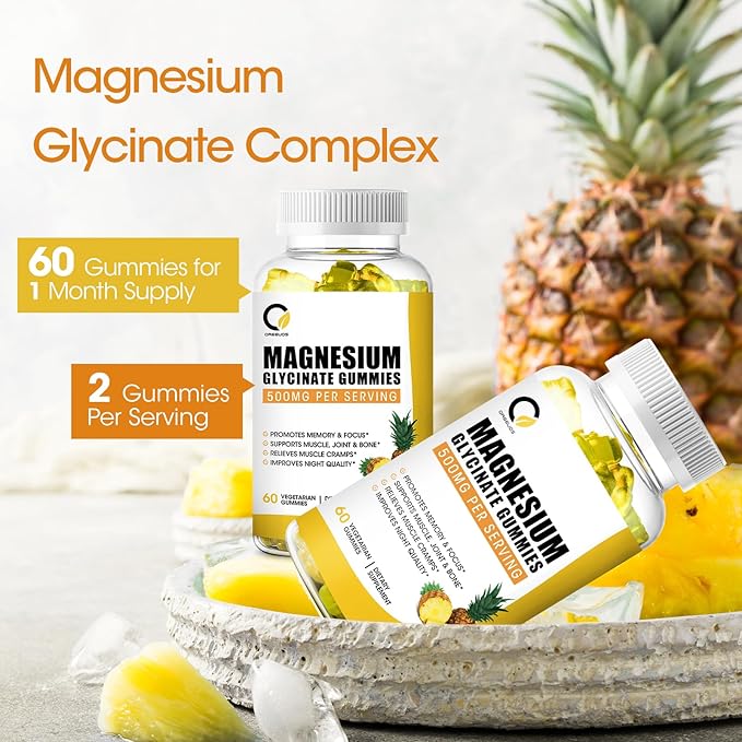 (2 Pack) Magnesium Glycinate Gummies, High-Absorption Magnesium Supplement with Calcium & Vitamins, Support Bone, Muscle, Night, Memory & Mood, Vegan, Non-GMO, 60 Counts, Pineapple Flavor