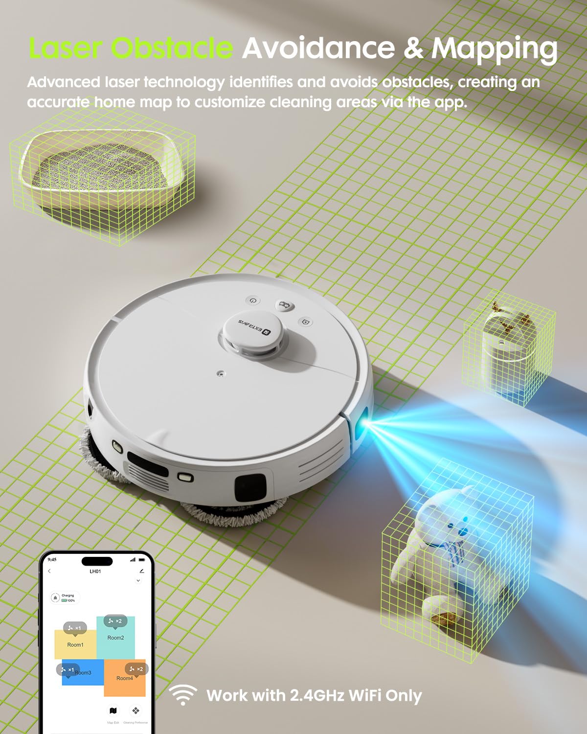 EXTRAVIS V5 Robot Vacuum and Mop, Self-Emptying Robotic Vacuum Cleaner, 8500Pa Suction, Pet Hair Tangle Cutter, Laser Navigation, Cat Laser, Carpet Detection, Ideal for Hard Floor, Tile, and Carpet