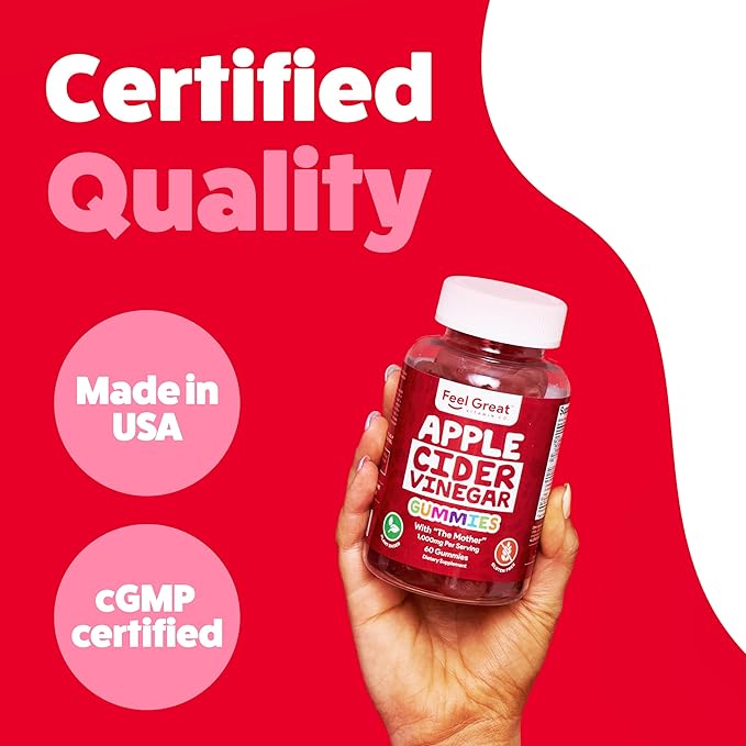 Feel Great Vitamins Apple Cider Vinegar Gummies – ACV with The Mother for Digestive Support & Daily Wellness – Vegan, Non-GMO, 60 Gummies
