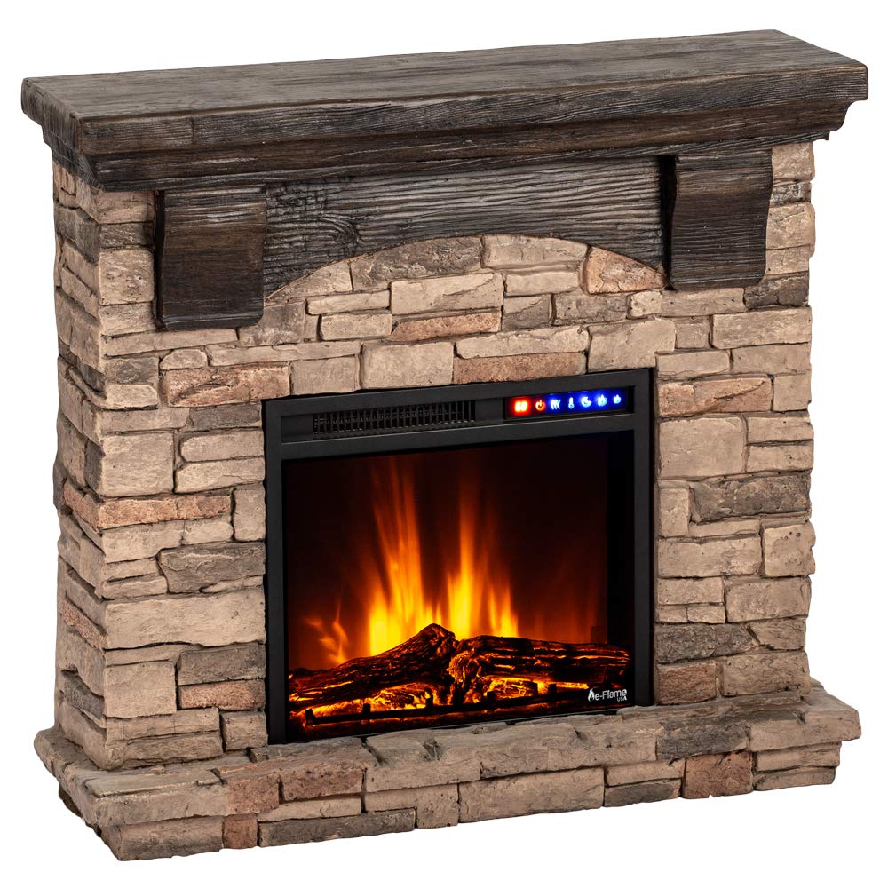 e-Flame USA Kodiak LED Electric Fireplace Stove - Faux Wood and Stone Mantel - Remote - 3D Log and Fire