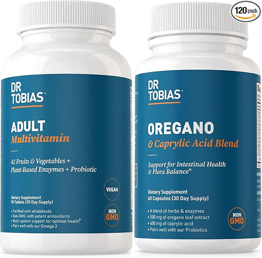 Dr. Tobias Adult Multivamin & Oregano and Caprylic Acid Supports Energy, Immune & Intestinal Health, Gut Flora Balance Complex, 42 Fruits & Vegetables with Probiotics & Herbs for Men & Women