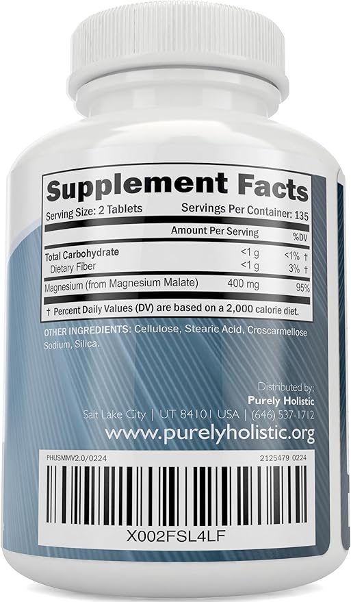 Magnesium Malate 400mg Tablets - 50% More 270 Vegetarian Tablets - Chelated Magnesium Supplement with Malic Acid - Promotes Energy Production and Muscle Recovery - High Absorption
