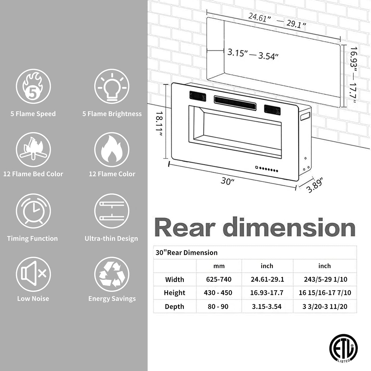 ZAFRO Electric Fireplace 30'' with Remote Control, Recessed Wall Mounted Electric Fireplace with Adjustable 12-Color Flame Brightness & Speed