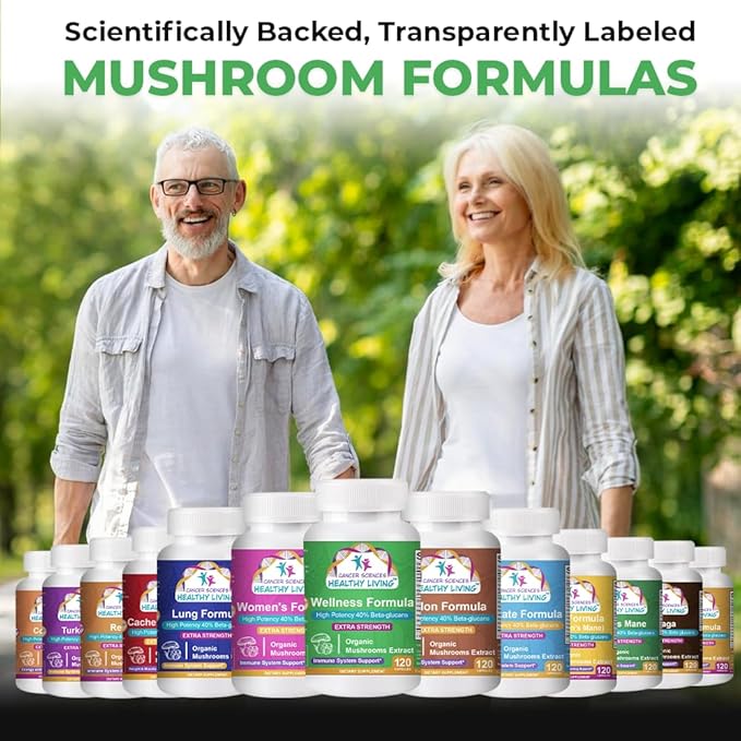 Cancer Sciences Wellness Supplement, USDA Certified Organic Mushrooms Extract, Extra Strength 1,500 mg, High Potency 40% Beta-Glucans, Wellness Formula Capsules for Immune Support, 120 Capsules