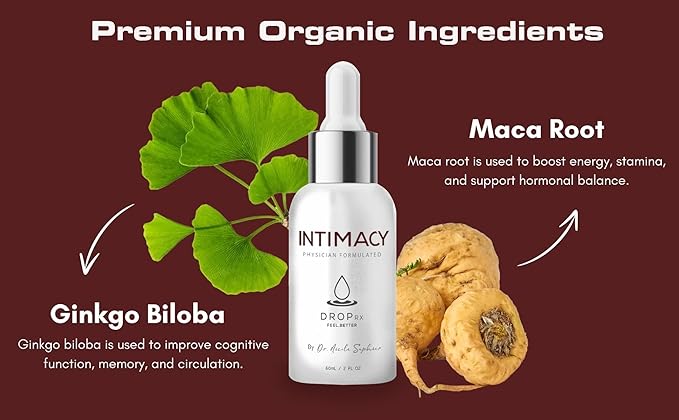 Drop Rx Intimacy by Dr. Nicole Saphier – Organic Maca Root, Ginkgo Biloba & Tribulus Terrestris, Liquid Supplement for Support, Non-GMO, Vegan, Gluten-Free, Kosher, Made in USA (2 Fl Oz)