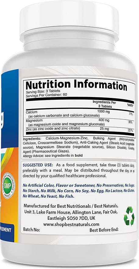 #1 CAL MAG ZINC by Best Naturals - Essential Mineral Complex - Manufactured in a USA Based GMP Certified Facility and Third Party Tested for Purity. Guaranteed!!, 180 Tablets