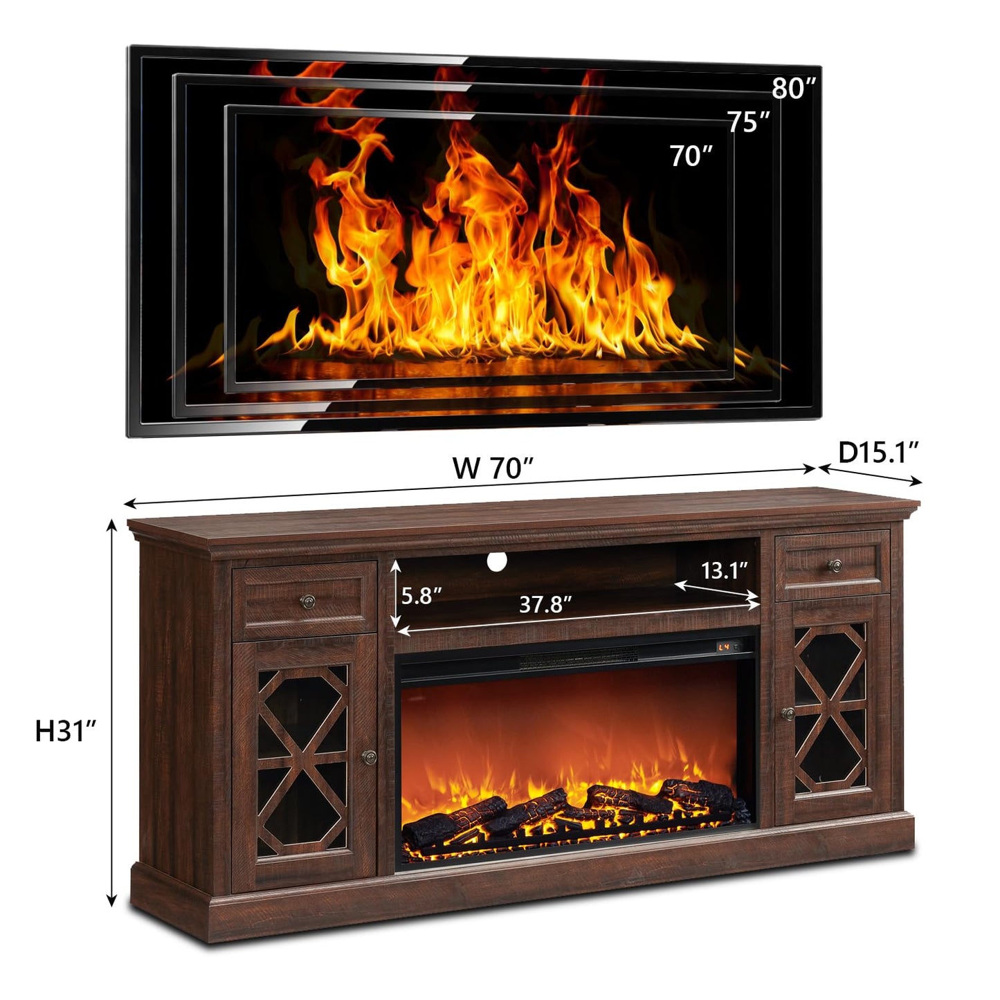 Farmhouse Electric Fireplace TV Stand for 80 Inch TVs, 31" Tall Highboy Entertainment Center w/36 Large Electric Fireplace & 2 Drawer, Diamond Panel Door for Living Room, 70inch, Brown