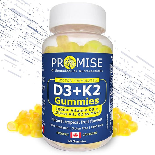 Promise D3+K2 Vitamin Gummy, 1000IU Vitamin D3 + 120mcg VIT K2 as MK-7, Natural Tropical Fruit Flavour, Made in Canada (60 Gummies)