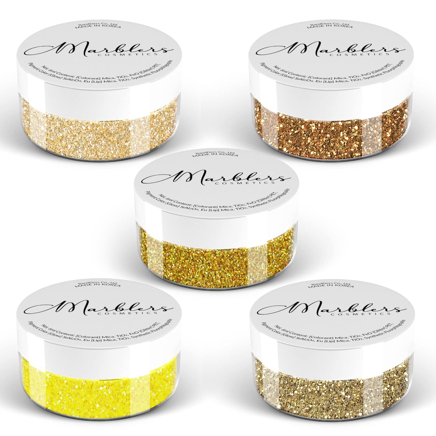MARBLERS Cosmetic Grade Fine Glitter 5-Pack [Gold Feeling] 0.90oz (25g) | Non-Toxic | Vegan | Cruelty-Free | Eyeshadow, Nail Polish, Nail Art | Festival, Rave & Party Makeup | Body & Face