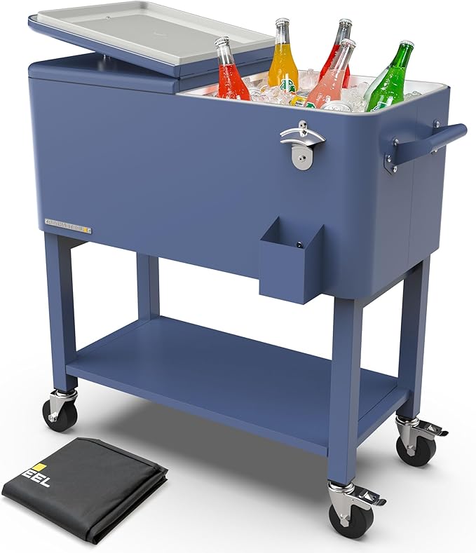 Permasteel Party Cooler with Removable Basin, Spacious 80-Qt Capacity, Rolling Ice Chest for Indoor and Outdoor Entertainment Azure + Bonus Cover