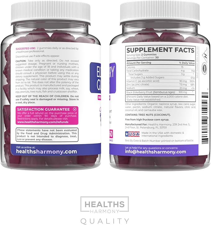Elderberry Gummies for Adults with Vitamin C & Zinc (1 Months Supply) 60 Delicious Raspberry Flavor Gummy - Immune Support Supplement for Adults - Vegetarian Sambucus Elderberry Gummies (No Pills)