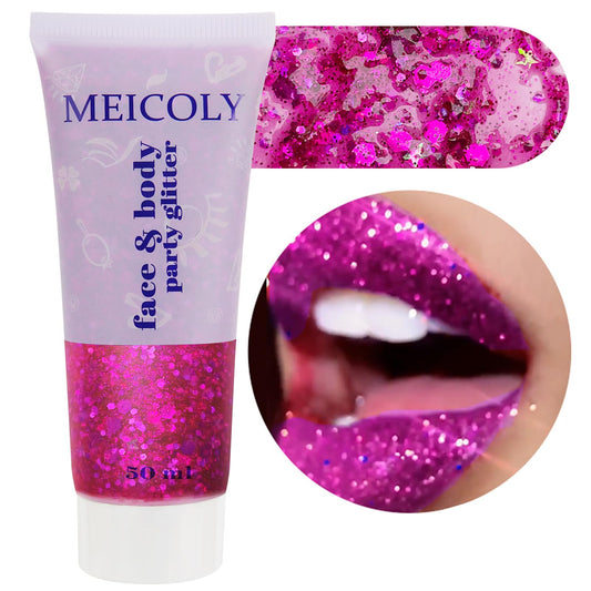 MEICOLY Purple Face Body Glitter,Mardi Gras Outfit for Women,Sparkle Mardi Gras Accessories,Chunky Glitter Face Paint,Face Eye Lip Hair Music Festival Rave Glitter Makeup,Body Glitter Gel for Women