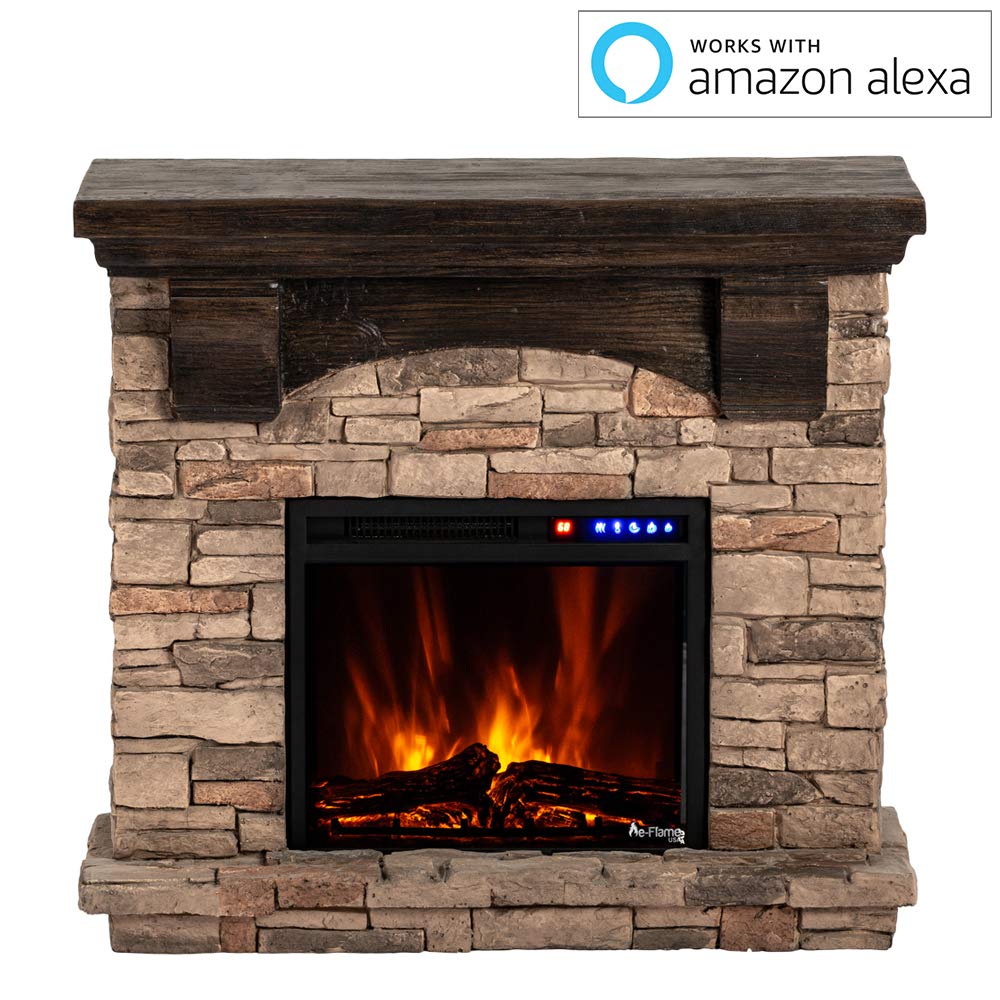 e-Flame USA Kodiak LED Electric Fireplace Stove - Faux Wood and Stone Mantel - Remote - 3D Log and Fire