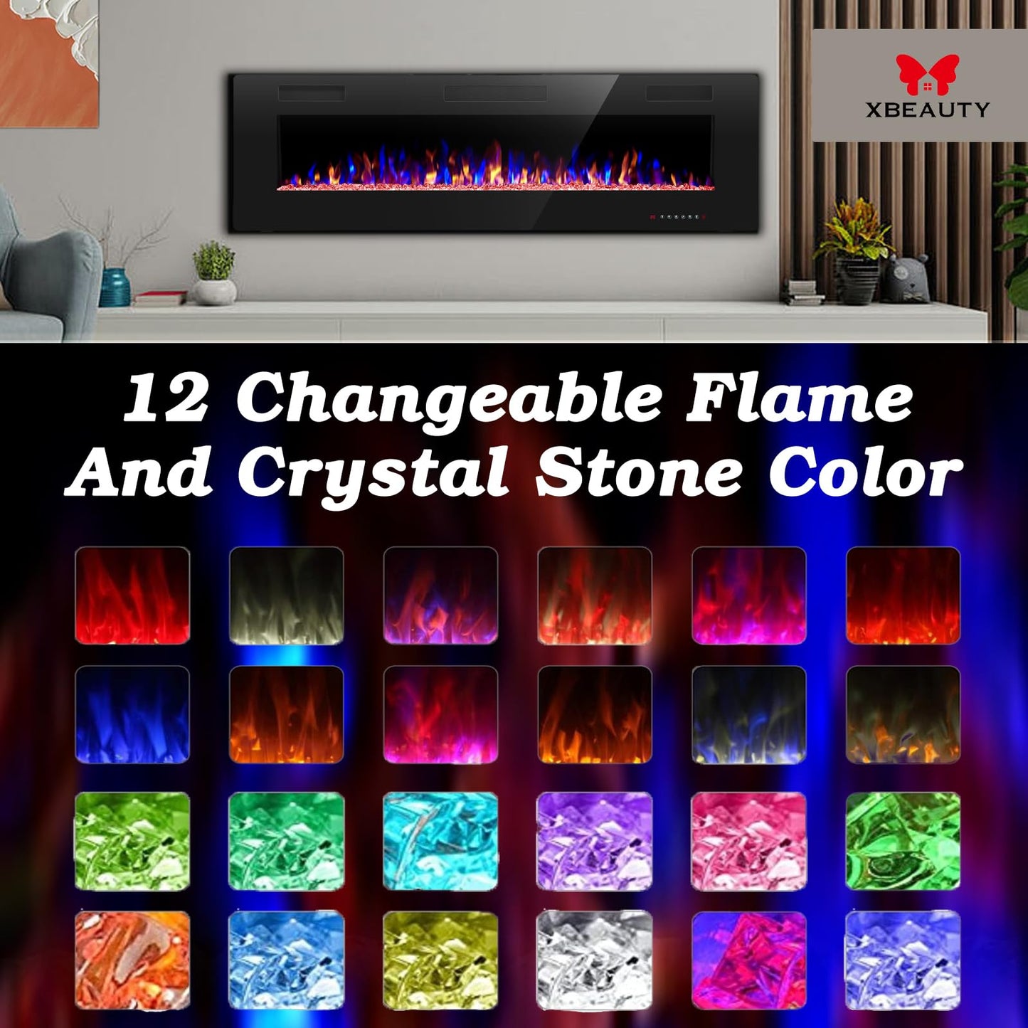 50" Electric Fireplace in-Wall Recessed and Wall Mounted 1500W Fireplace Heater and Linear Fireplace with Timer/Multicolor Flames/Touch Screen/Remote Control (Black)