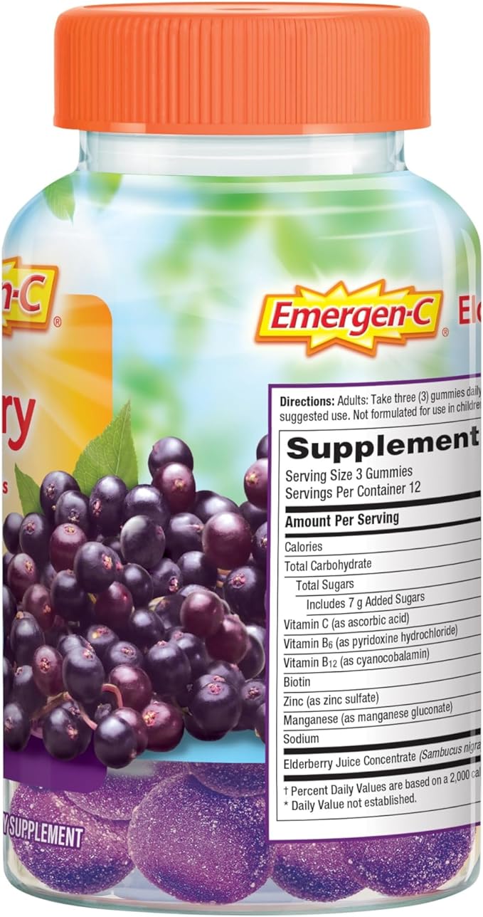 Emergen-C Elderberry Gummies, Elderberry Immune Support Natural Flavors with High Potency Vitamin C, 36 Count