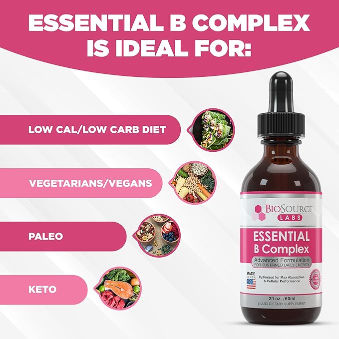 Essential B Complex - Daily Vegan Vitamin B-Complex Sublingual Liquid Drops w/Methyl B12 (2oz / 60ml Bottle) - 60-Day Supply