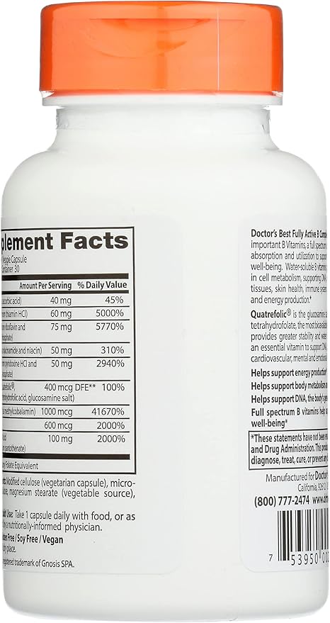 Doctors Best Fully Active B Complex Vitamin, Non-GMO, Vegan, 30 Veggie Capsule (Pack of 1)