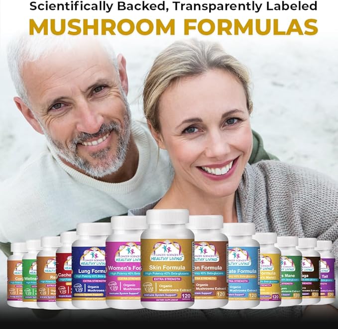 Cancer Sciences Skin Wellness Supplement, USDA Certified Organic Extract Mushrooms Supplement, Extra Strength 1,500 mg, High Potency 40% Beta-Glucans, Immune Support, Glowing Complexion, 120 Capsules