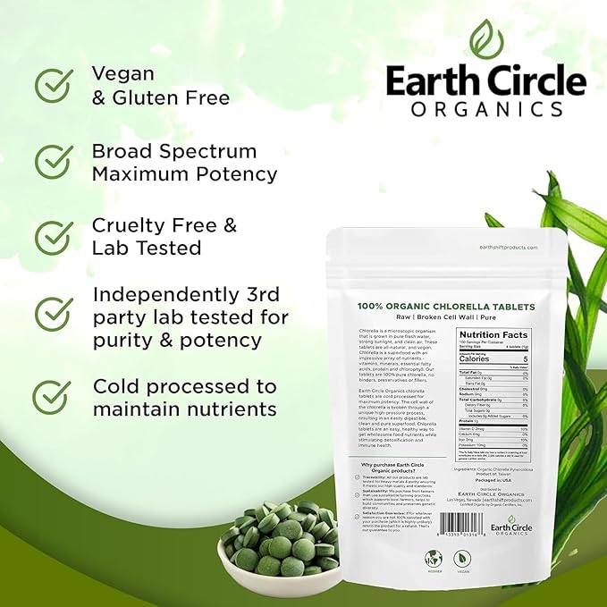 Earth Circle Organics Chlorella 400 Tablets (Pack of 2) and Spirulina Powder 4oz Bundle High Potency Vegan Superfood Supplement Packed with Protein Vitamins & Minerals for Daily Energy and Health