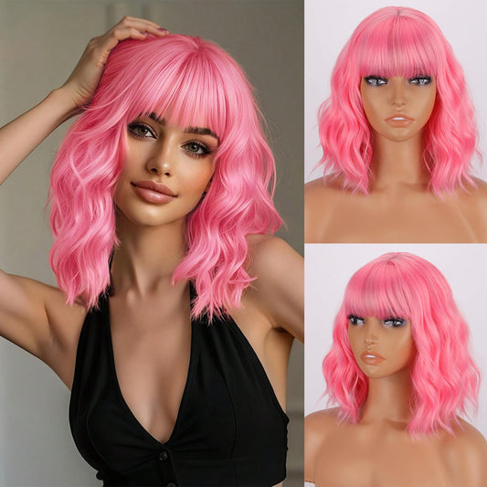 MISSQUEEN Pink Wavy Wig with Bangs Short Curly Wig Heat-resistant Synthetic Wig Colorful Wig for Women and Girls for Daily Use Suitable for Cosplay, Halloween, and Party use
