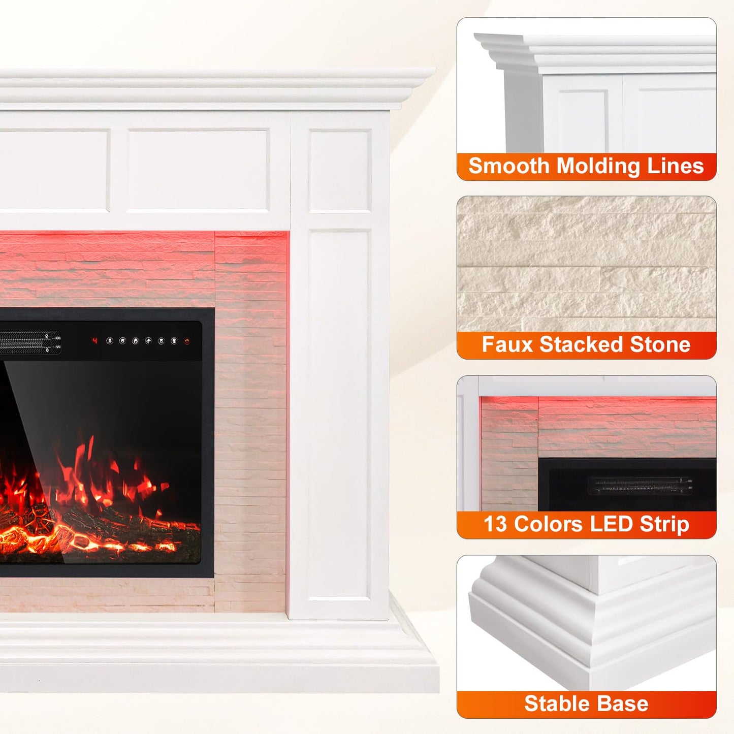 50”Electric Fireplace with Mantel, Fireplace TV Stand with 23”Electric Fireplace Heater, Remote Control, Adjustable Led 3D Realistic Flame, White Corner Firebox for Living Room, Bedroom, White