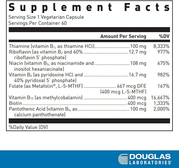 Douglas Laboratories B-Complex with Metafolin - Comprehensive B Vitamin Supplement - Energy & Brain Health Support* - With Folate, Biotin & Thiamin - Non-GMO - 60 Vegetarian Capsules