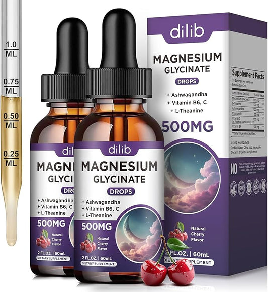 (2 Pack) Magnesium Glycinate Liquid Drops 500mg, with Vitamin B6, Ashwagandha, L - Theanine, Chamomile, Magnesium Glycinate Supplement High Absorption for Sleep, Stress, Energy Mood - Cherry Flavor