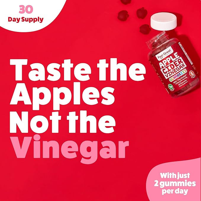 Feel Great Vitamins Apple Cider Vinegar Gummies – ACV with The Mother for Digestive Support & Daily Wellness – Vegan, Non-GMO, 60 Gummies
