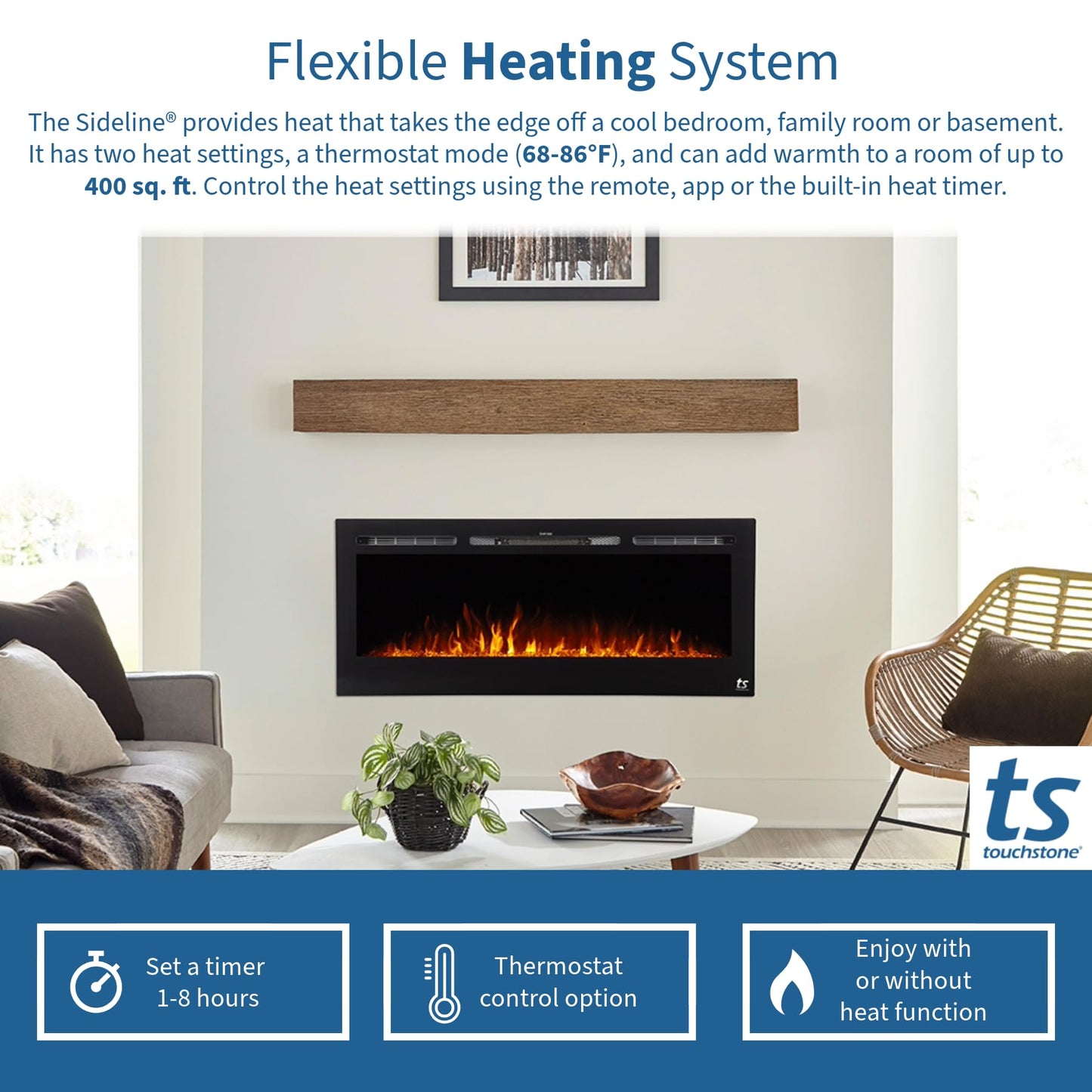 Touchstone Smart Electric Fireplace-The Sideline 72" Wide-in Wall Recessed - 30 Realistic Ember Color/Flame Options - 1,500W Heater w/Thermostat - Log & Crystal Hearth Options - Alexa/WiFi Enabled