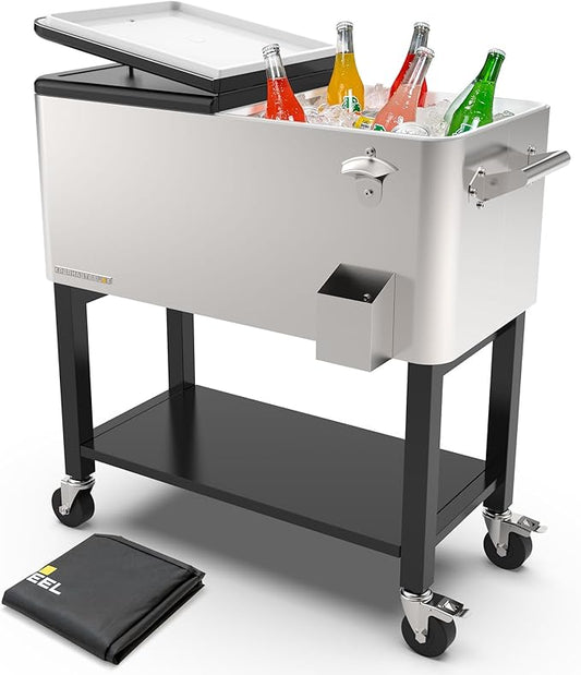 Permasteel Party Cooler with Removable Basin, Spacious 80-Qt Capacity, Rolling Ice Chest for Indoor and Outdoor Stainless Steel + Bonus Cover