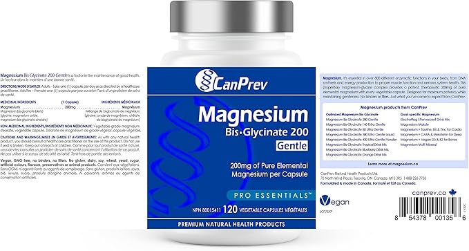 CanPrev Magnesium Bis-Glycinate Gentle 200mg, 120 V-Caps 120-Day Supply - Pure Elemental Magnesium Supplement, Supports Bone and Muscle Function, Gentle on Stomach, Perfect for Daily Magnesium Needs