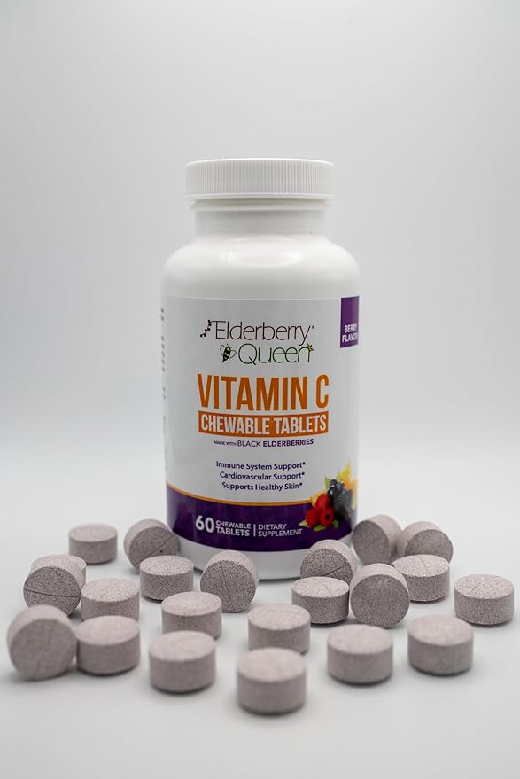 Elderberry Queen Chewable Vitamin C 500mg - Immune Boost & Antioxidant Support Tablets with Vitamin A, E & Organic Echinacea, Elder Fruit, Acerola - Natural Dietary Supplement, 60 Count
