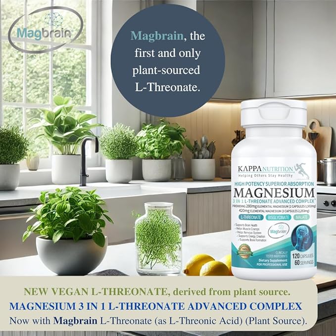 (120 Capsules), 2,253mg Per Serving, Providing 420mg Elemental Magnesium, L-Threonate, Bisglycinate Chelate, Malate, from Kappa Nutrition.