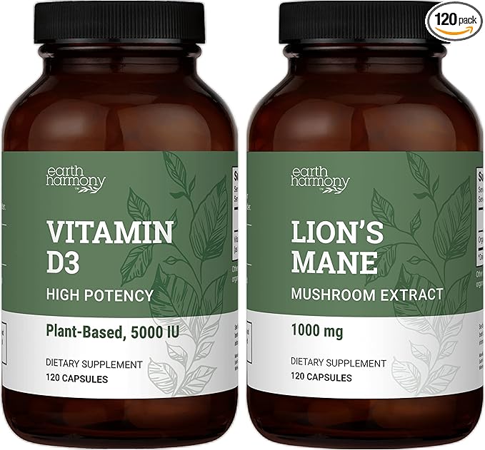 Earth Harmony Vegan Vitamin D3 5000 iu & Organic Lion's Mane 1000mg Supplement - 120 Capsules Each