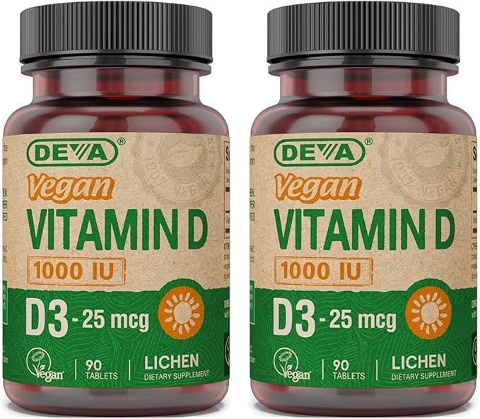 DEVA Vegan Vitamin D3 Supplement - Once-Per-Day Tablet with 1000 IU - Cholecalciferol - Lichen Plant Derived - 90 Small Tablets, 2-Pack