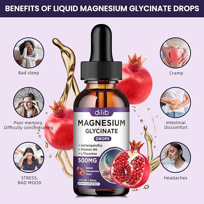 (2 Pack) Magnesium Glycinate Liquid Drops 500mg, with Vitamin B6, Ashwagandha, L - Theanine, Chamomile, Magnesium Glycinate Supplement High Absorption for Sleep, Stress, Energy - Pomegranate Flavor