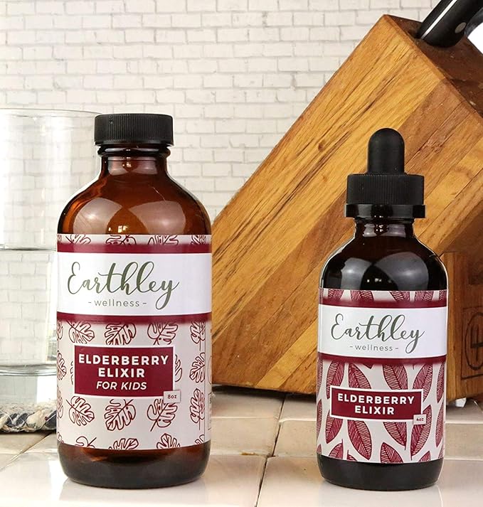 Earthley Wellness Elderberry Elixir, Powerful Immune & Respiratory Support, Herbal Elderberry Syrup Alternative, Organic, Supporting Herbs, Gluten-Free, No Added Sugars or Colors (4oz, Regular)