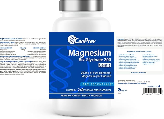 CanPrev Magnesium BisGlycinate Gentle 200mg, 240 v-Caps 240-Day Supply - Pure Elemental Magnesium Supplement, Supports Bone and Muscle Function, Gentle on Stomach, Perfect for Daily Magnesium Needs