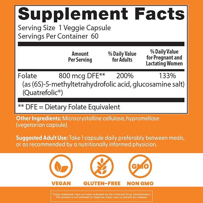 Doctors Best Fully Active Folate 800 with Quatrefolic, Supports Fetal Health, Non-GMO, Gluten Free, Vegan 60 Veggie Caps