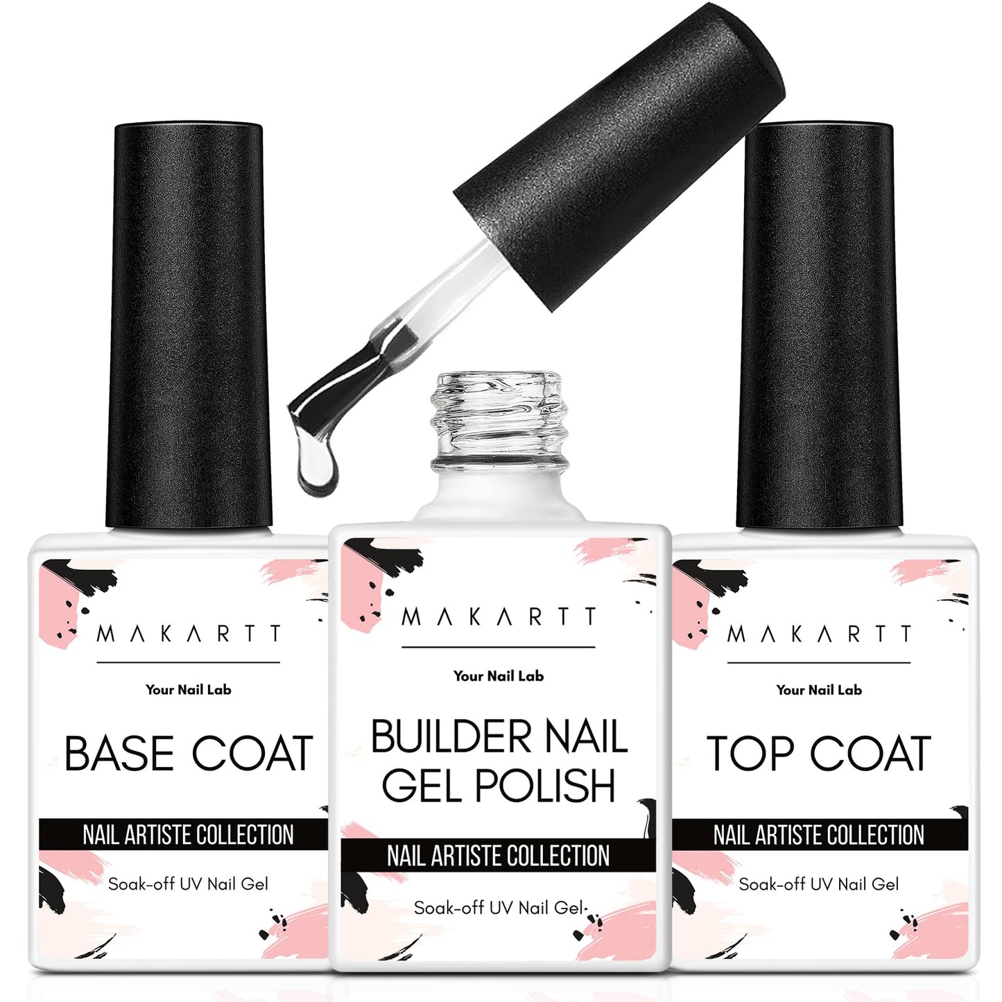 Makartt 3Pcs Builder Nail Gel with Top and Base Coat, Clear Gel Builder Kit for Nails Apex Building Thickening Strengthener Extension Rhinestone in a Bottle, UV Light Lamp Required