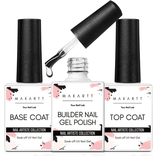 Makartt 3Pcs Builder Nail Gel with Top and Base Coat, Clear Gel Builder Kit for Nails Apex Building Thickening Strengthener Extension Rhinestone in a Bottle, UV Light Lamp Required