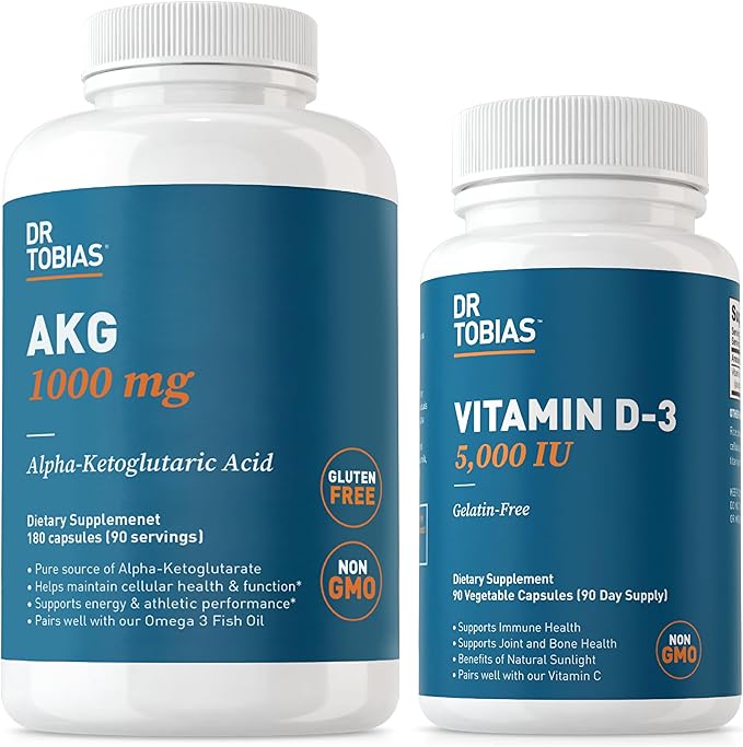Dr. Tobias AKG Supplement & Vitamin D3 - Optimize Cellular Energy & Bone Health with High-Potency Vitamin D & Bioavailable AKG, Non-GMO