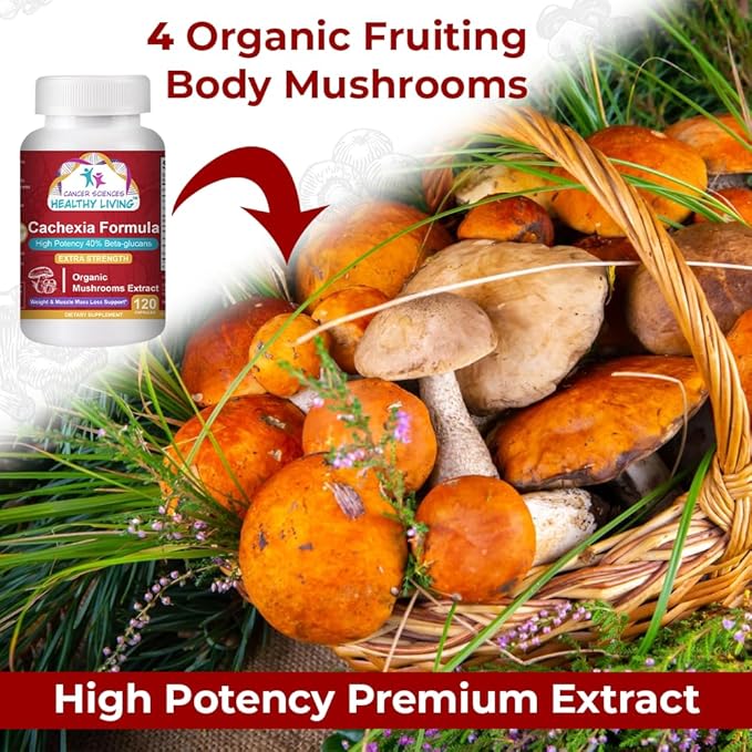 CANCER SCIENCES Cachexia Supplement, USDA Certified Organic Mushrooms Extract Capsules, Extra Strength 1,500 mg, High Potency 40% Beta-Glucans, Immune & Metabolic Support, Weight & Muscle Mass Support