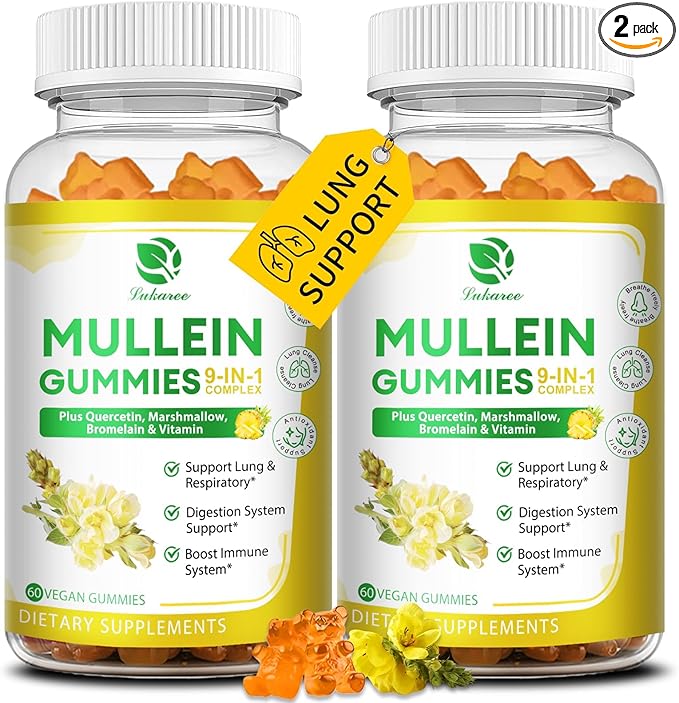 (2 Pack) 9 in 1 Mullein Gummies for Lung Cleanse, Mullein Leaf Extract w/Quercetin, Bromelain, Elderberry & Marshmallow for Respiratory, Immune, Vegan,120 Count