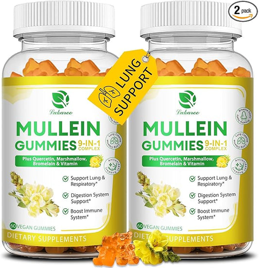 (2 Pack) 9 in 1 Mullein Gummies for Lung Cleanse, Mullein Leaf Extract w/Quercetin, Bromelain, Elderberry & Marshmallow for Respiratory, Immune, Vegan,120 Count