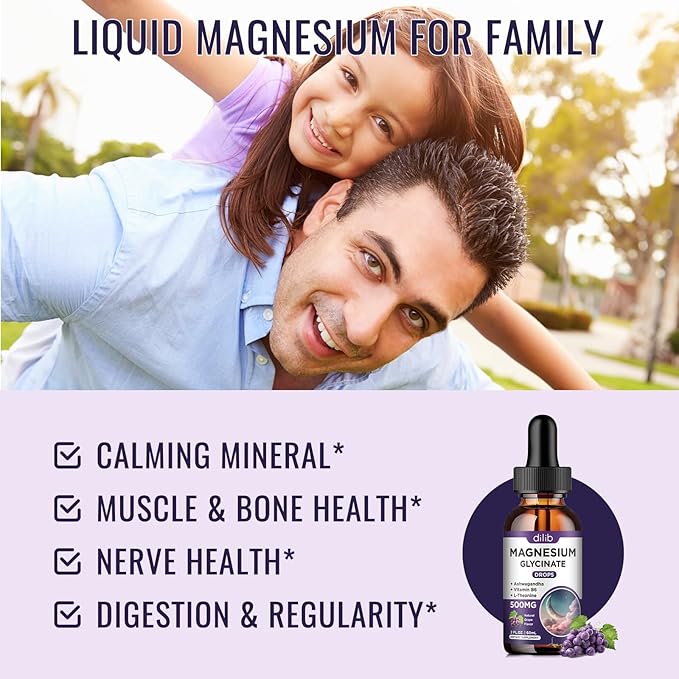 (2 Pack) Magnesium Glycinate Liquid Drops 500mg, with Vitamin B6, Ashwagandha, L - Theanine, Chamomile, Magnesium Glycinate Supplement High Absorption for Sleep, Stress, Energy Mood - Grape Flavor